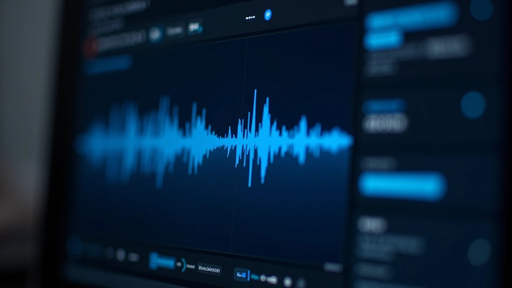 Interface de plataforma de transcrição com ondas sonoras sendo processadas em tempo real, indicadores de progresso visíveis