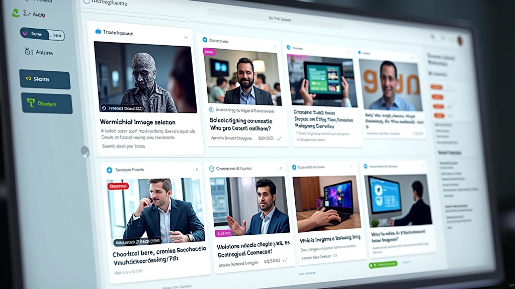 Dashboard de gestão de conteúdo mostrando múltiplos artigos com elementos multimédia integrados