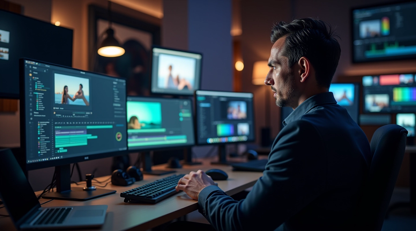Estúdio de produção multimédia com equipamento profissional de vídeo e áudio
