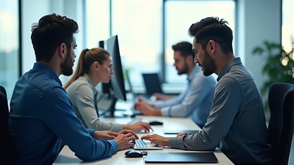 Equipa de redação trabalhando com ferramentas de IA em estúdio moderno