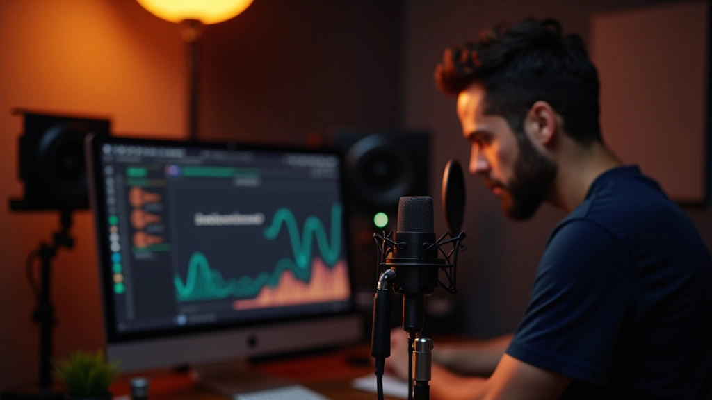 Microfone de podcast em estúdio com interface de transcrição visível