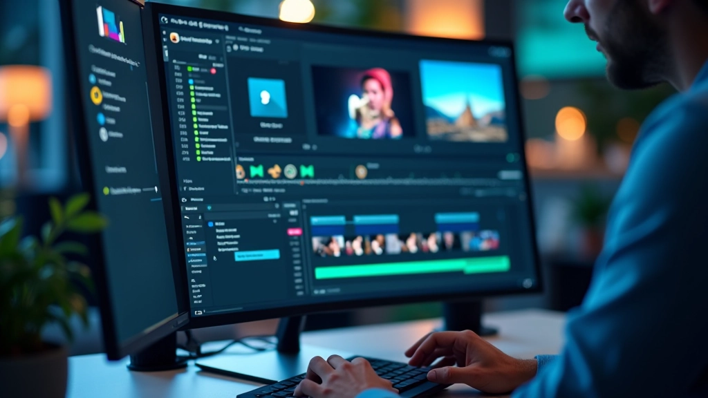 Interface de software de edição de vídeo com timeline e efeitos visuais