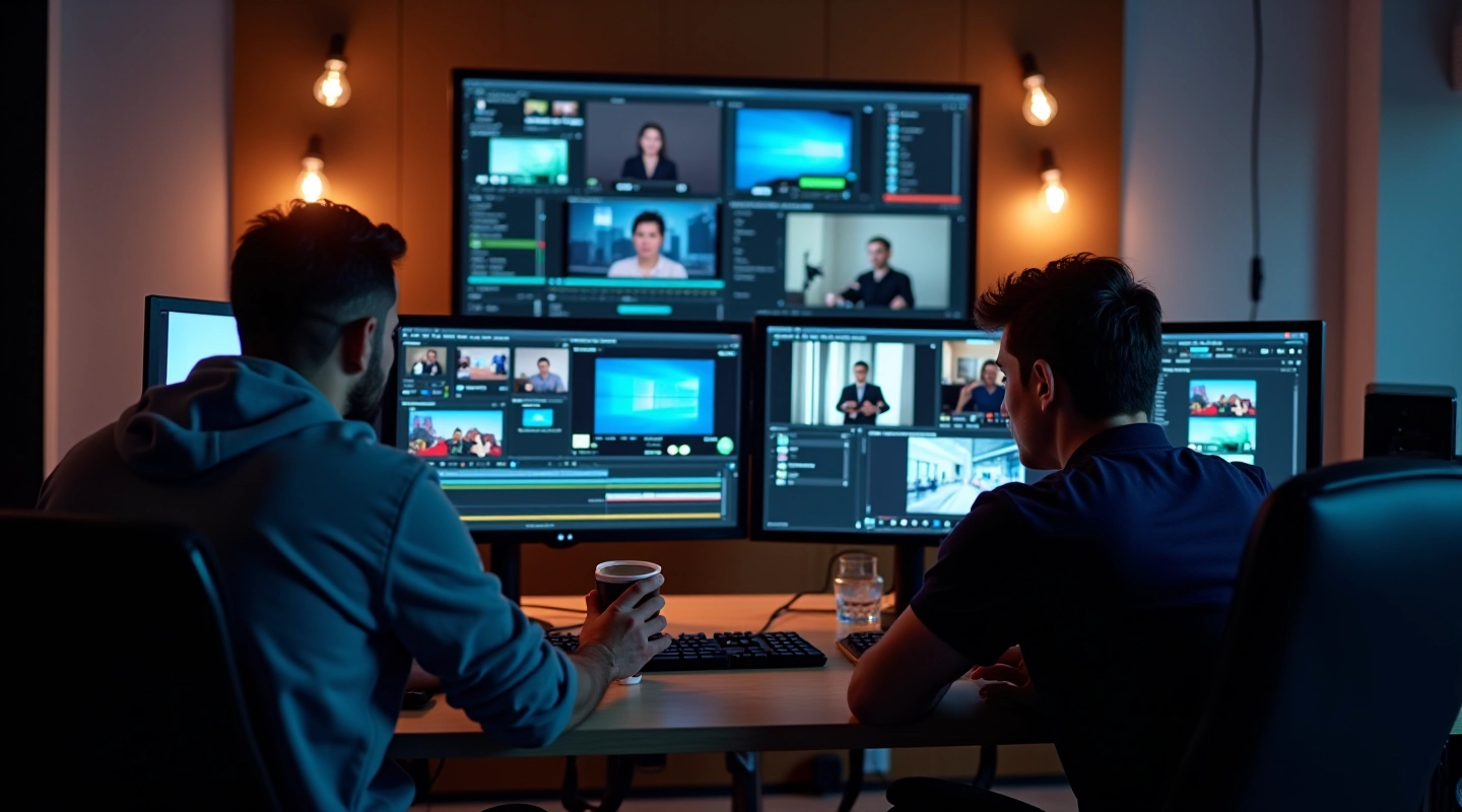 Interface de edição de vídeo com múltiplas pistas de áudio e timeline visual